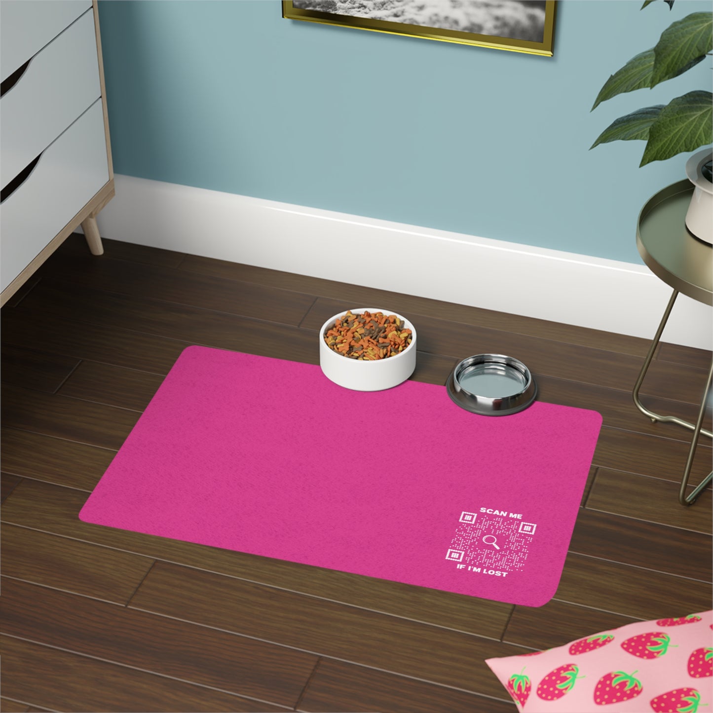 Pet Collection – Pet Food Mat – Fuchsia – Scan Me If I'm Lost