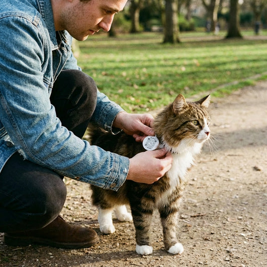 Objetos perdidos – Etiqueta para gatos – Azul – Escanéame si me pierdo